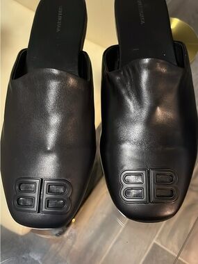 Balenciaga Black Leather BB Embossed Slide Loafers